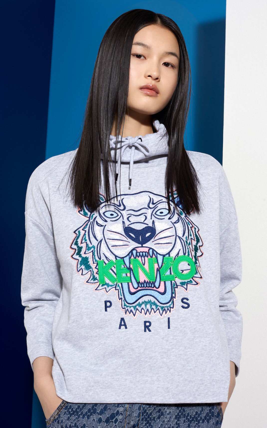 Sweatshirt Kenzo Funnel Neck Tiger Feminino - Cinzentas | 705GEORXD